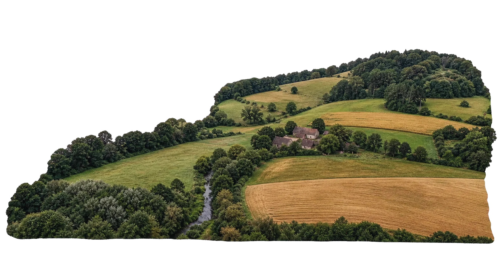 Abwechslungsreiche Land- und Forstfläche mit Feldern, Wald, Hofstelle und Bachlauf